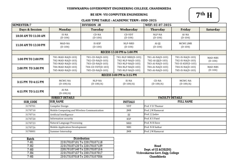 7th H Division Computer Engineering Timetable | PDF