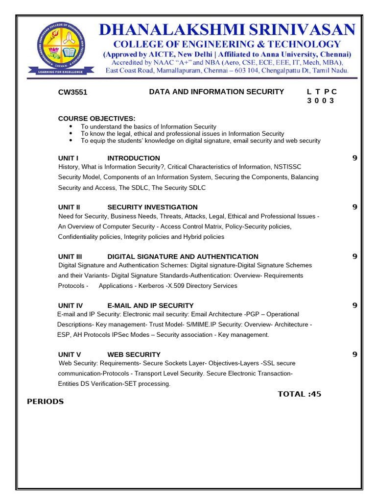 CW3551 Data and Information Security Syllabus | PDF | Information ...