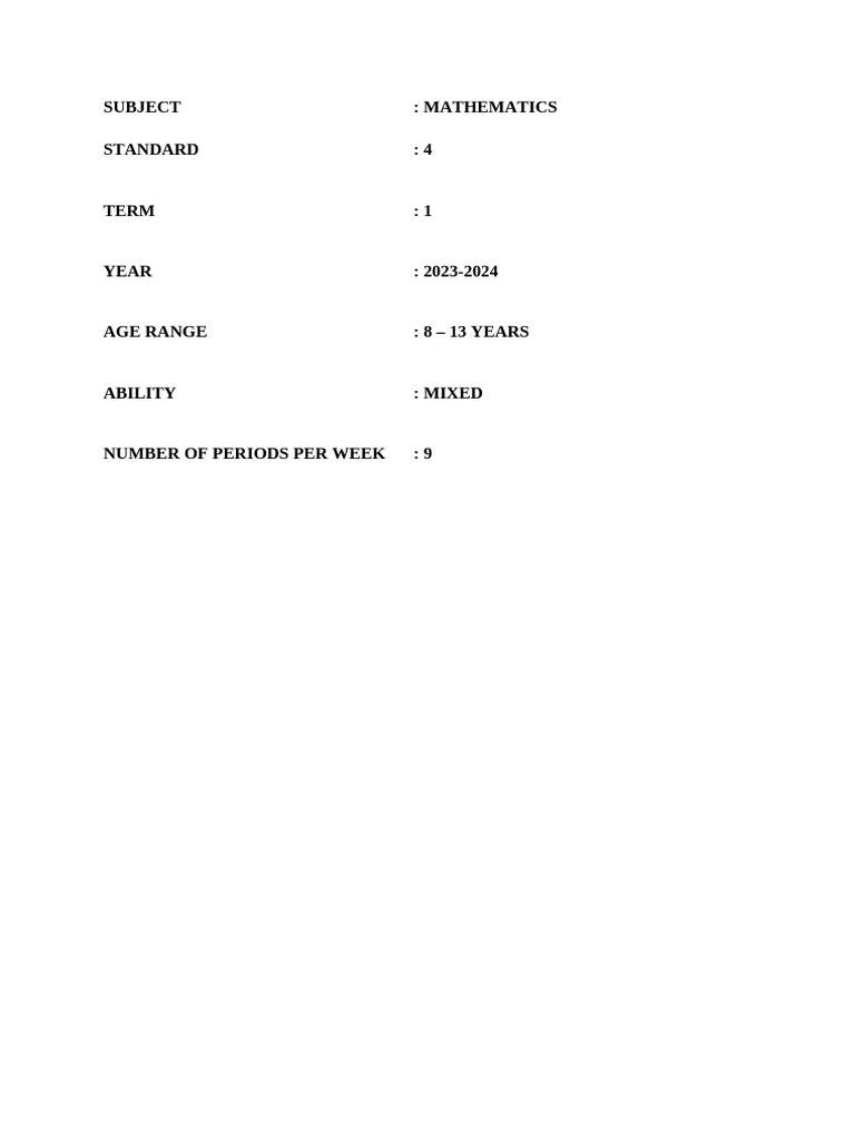 Term 1 Maths Curriculum for Standard 4 | PDF
