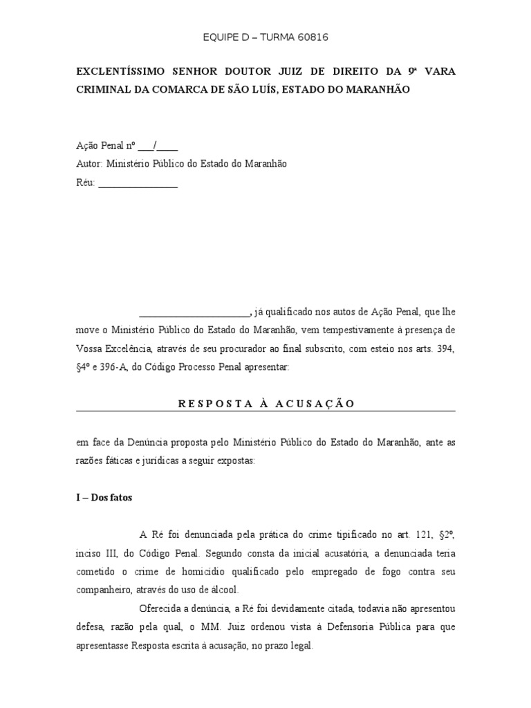 Resposta à acusação | Procedimento criminal | Réu