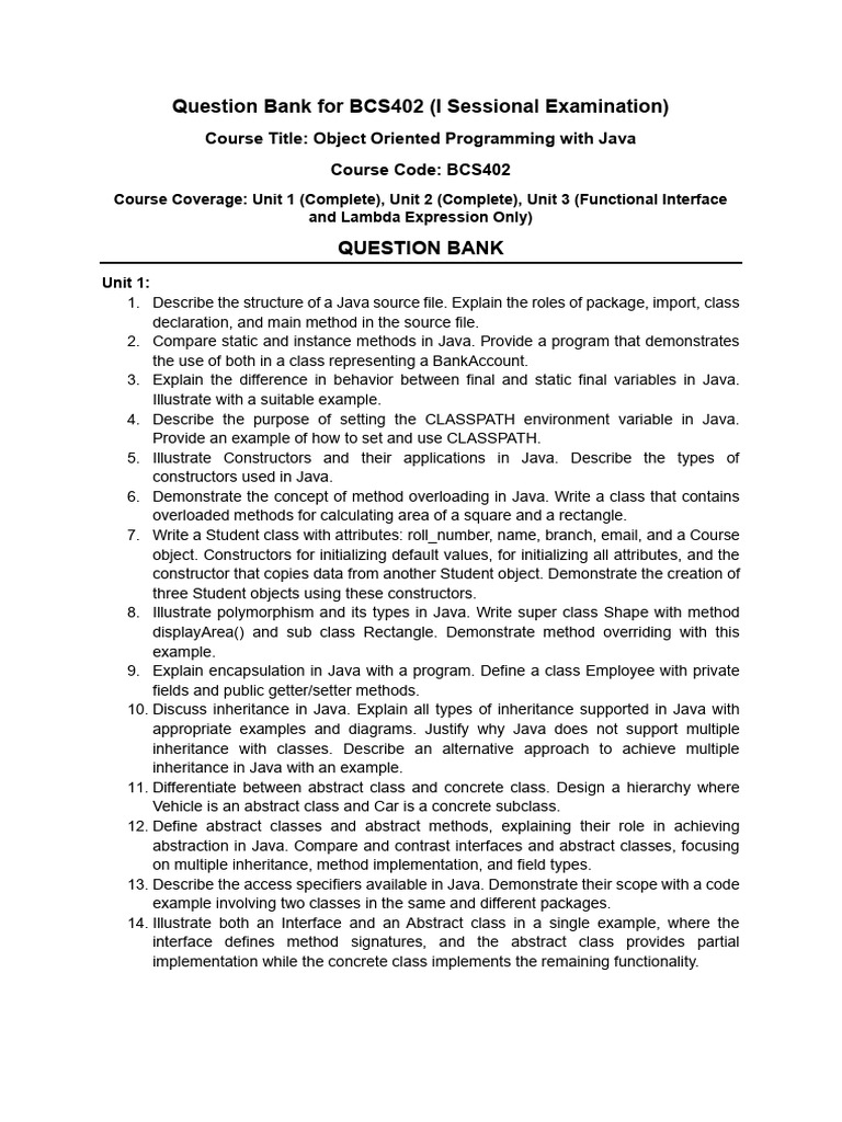 Question Bank For I Sessional - Java BCS403 - 2024-25 | PDF | Class ...