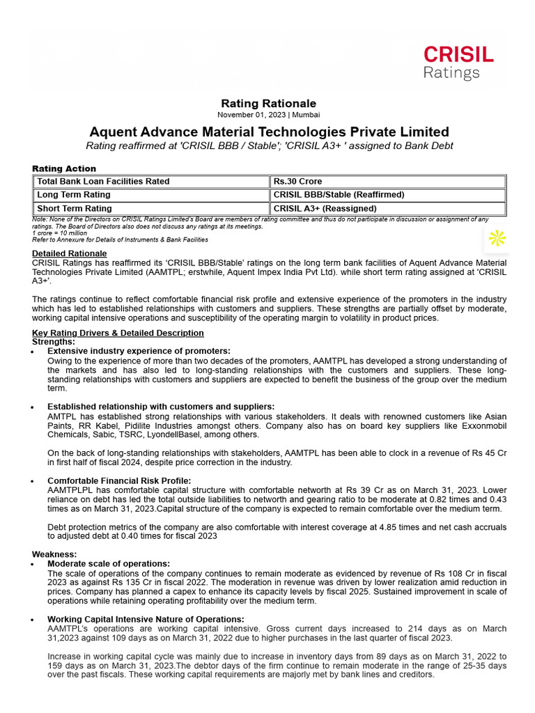 Rating Rationale Aquent | PDF | Damages | Working Capital