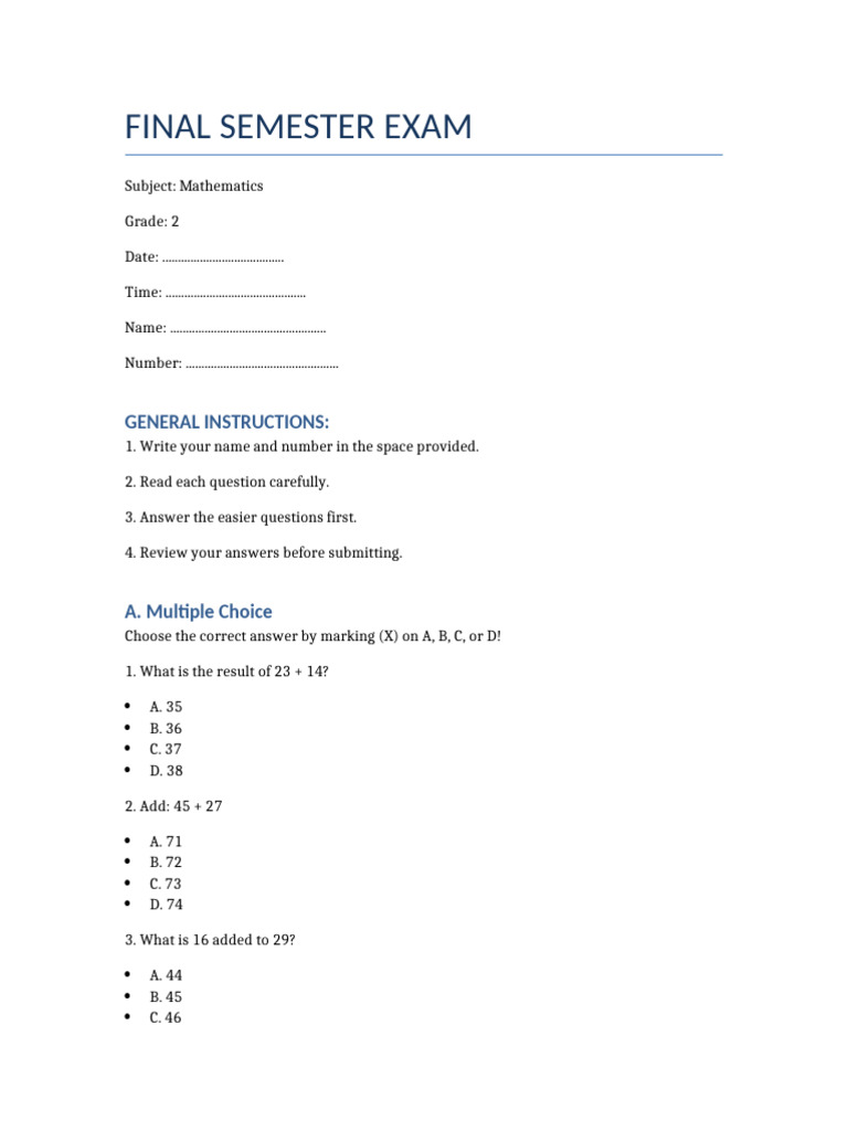 Grade 2 Math Final Exam Template | PDF
