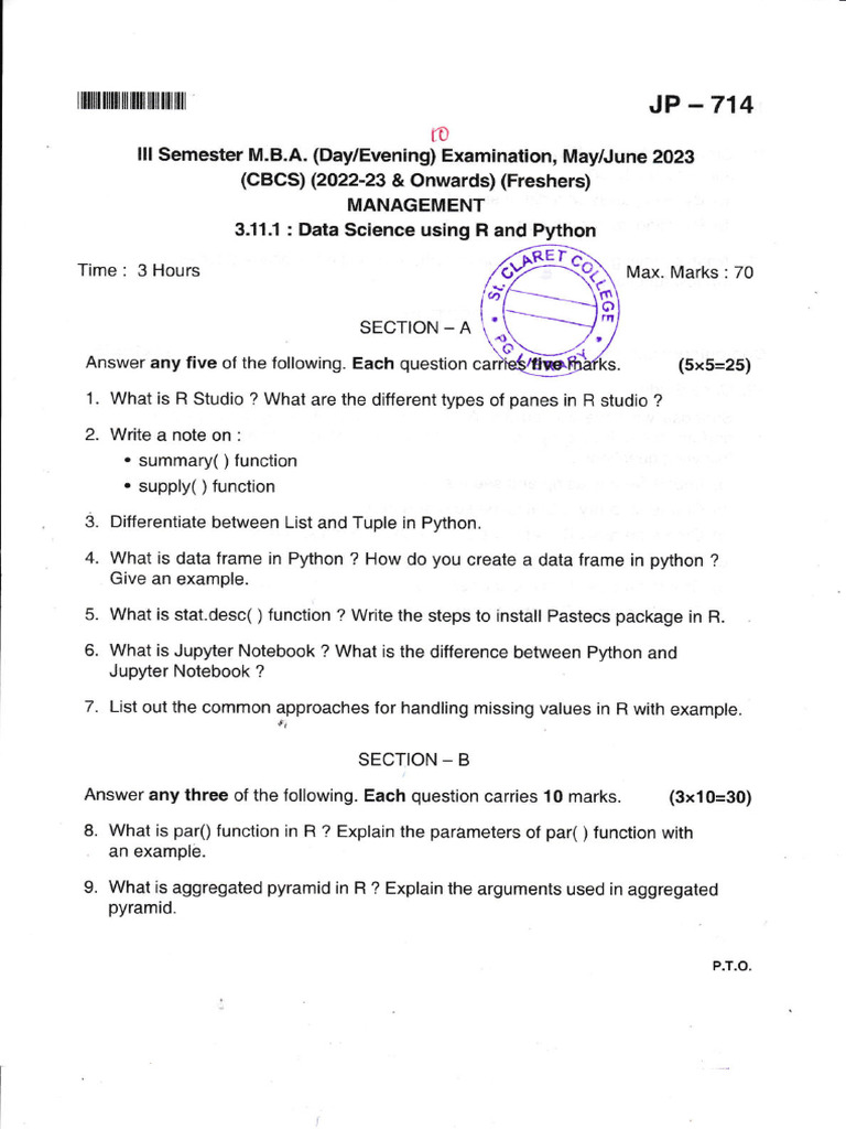 Data Science Exam: R & Python Concepts | PDF | Python (Programming ...