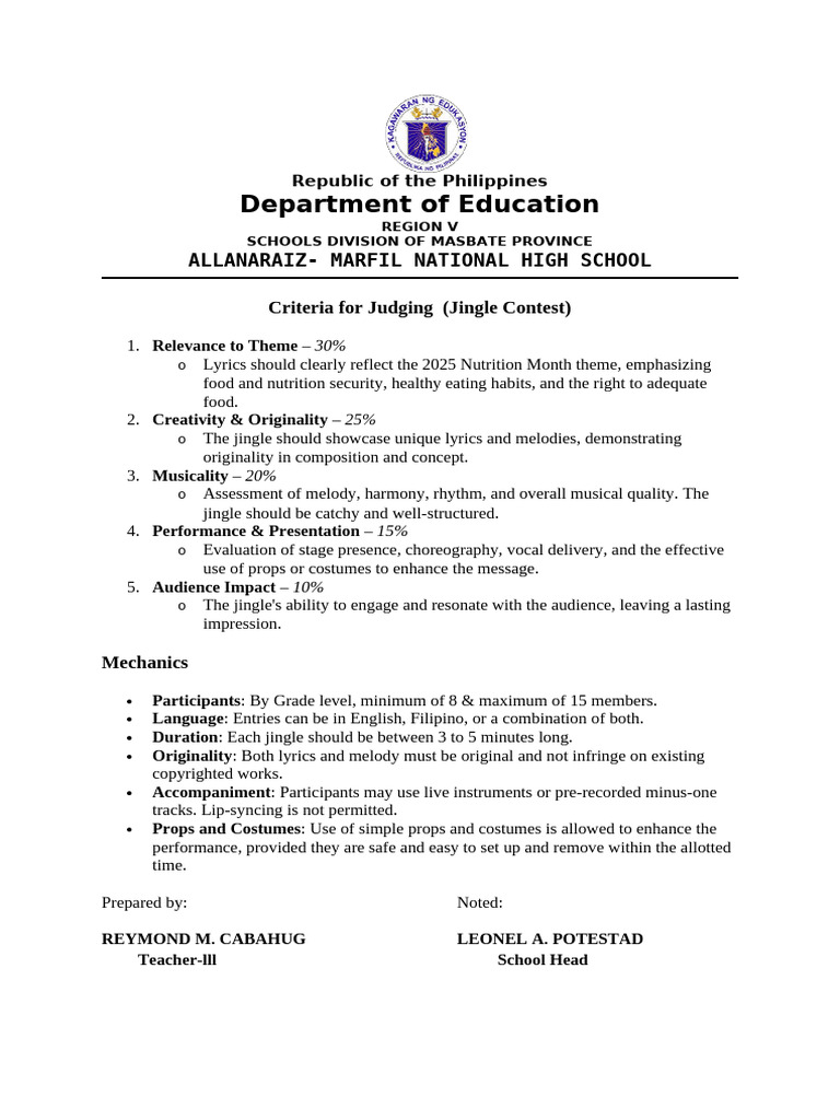 Jingle Contest Judging Criteria | PDF