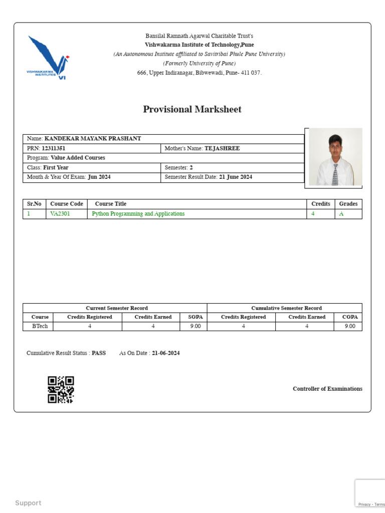 Provisional Marksheet for Mayank Kandekar | PDF