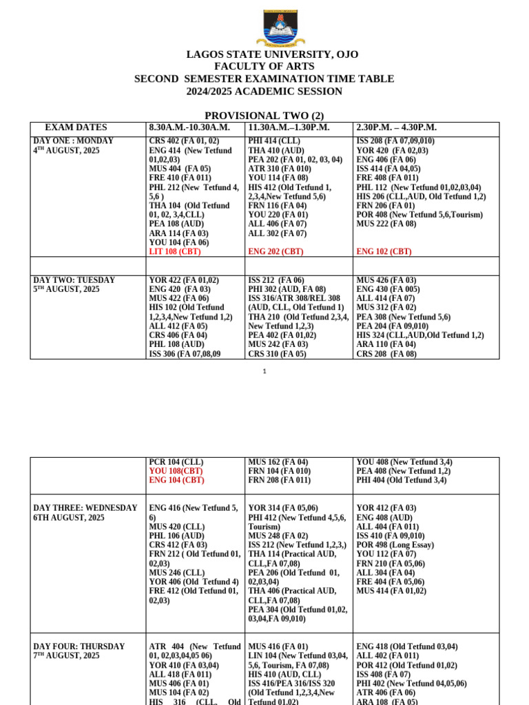 Provisional Two Examination Time Table | PDF