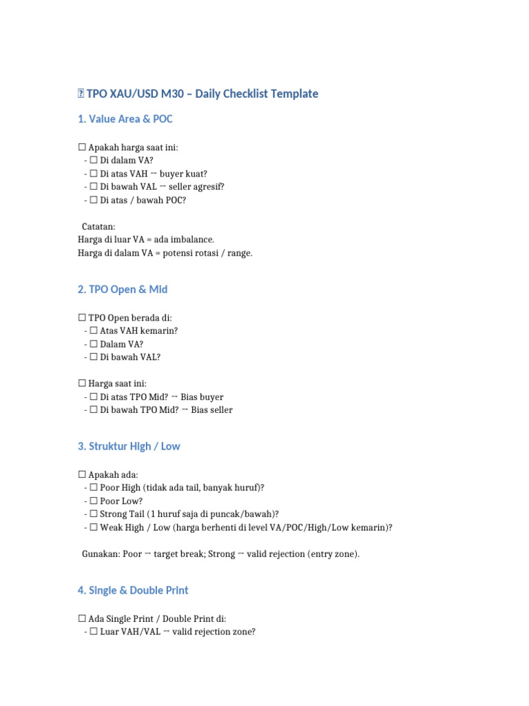 TPO Checklist Harian XAU/USD M30 | PDF