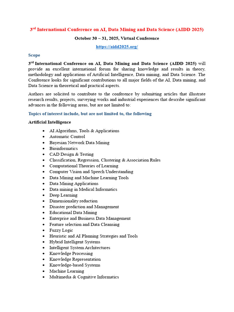 3rd International Conference On AI, Data Mining and Data Science (AIDD ...