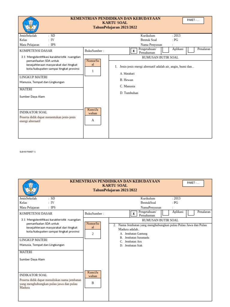 Kartu Soal US Mapel IPS Tahun 2020 | PDF