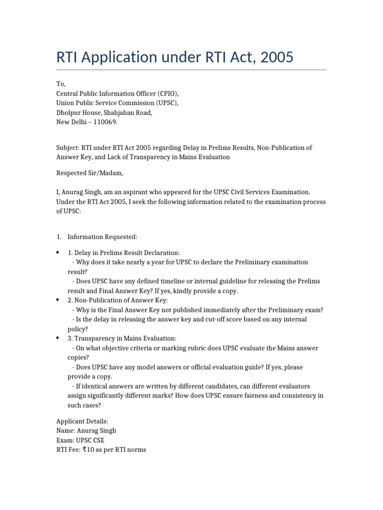 UPSC RTI Application on Exam Transparency | PDF