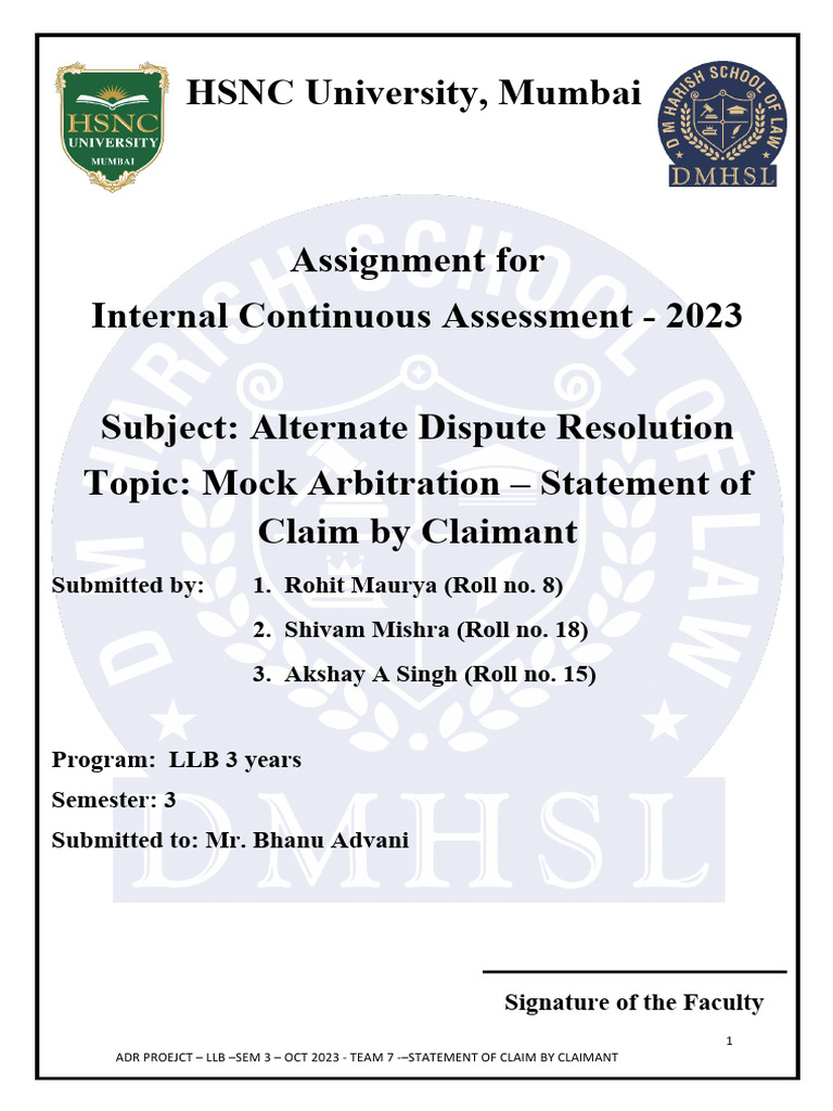 ADR Project - Statement of Claim by Claimant - Team 7 - LLB 3 Years ...