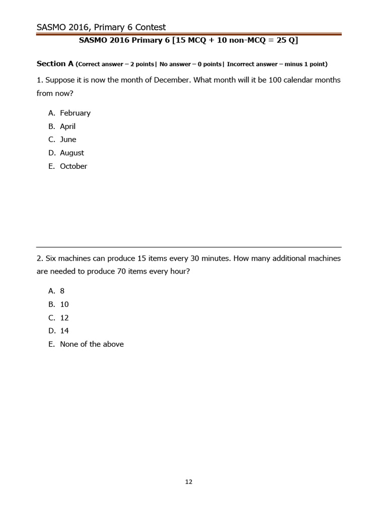 SASMO 2016 Primary 6 Contest Questions | PDF | Area