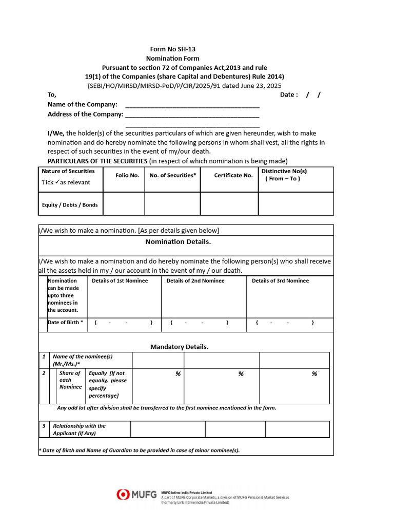 SH-13 Nomination Form Instructions | PDF | Securities (Finance)