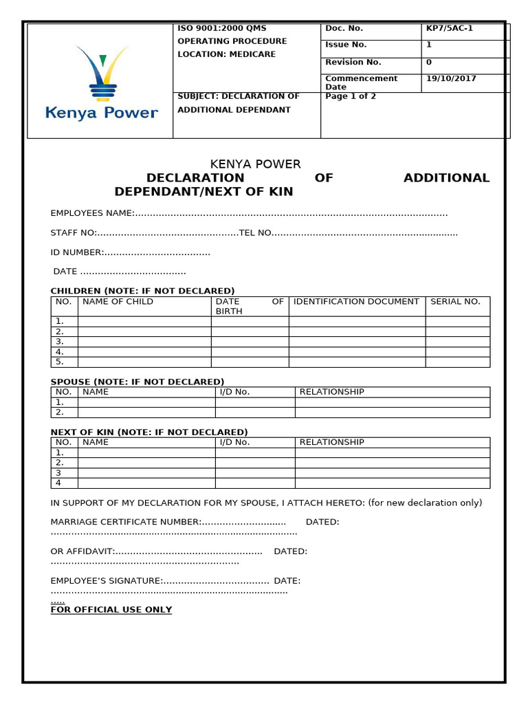 Additional Dependant Declaration Form | PDF