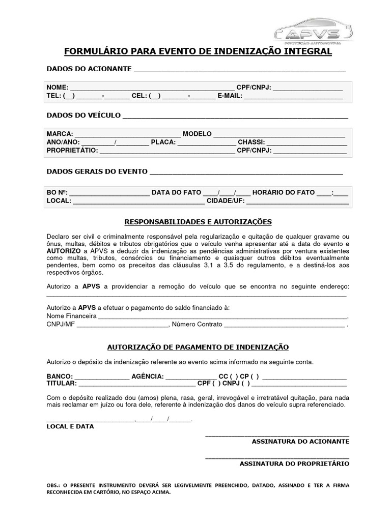Formulário de Indenização Veicular | PDF | Indenização | Direito Privado