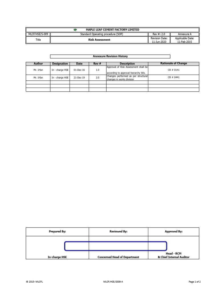 HSE S 009 Risk Assessment Annexure A | PDF | Risk | Safety