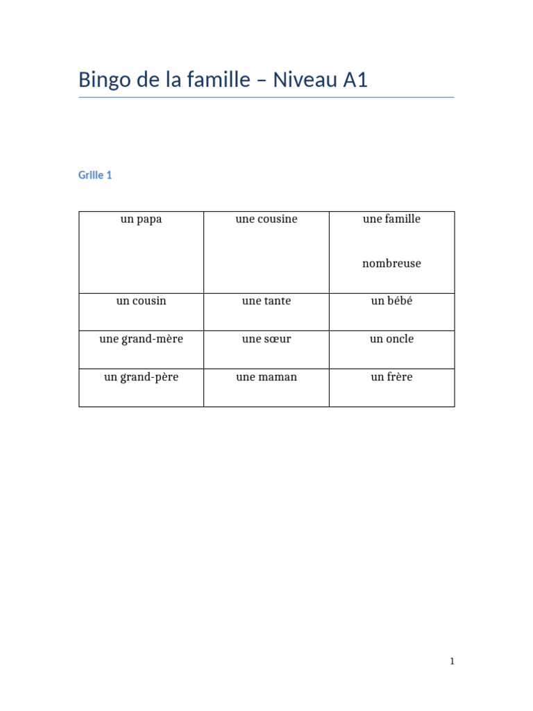 Bingo Famille A1 | PDF | Nourritures | Cuisine