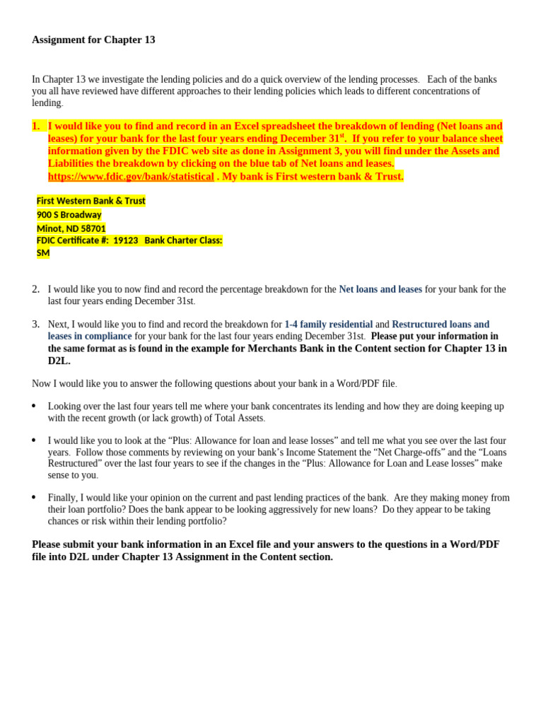 Chapter 13 Assignment 2022 | PDF | Banks | Balance Sheet