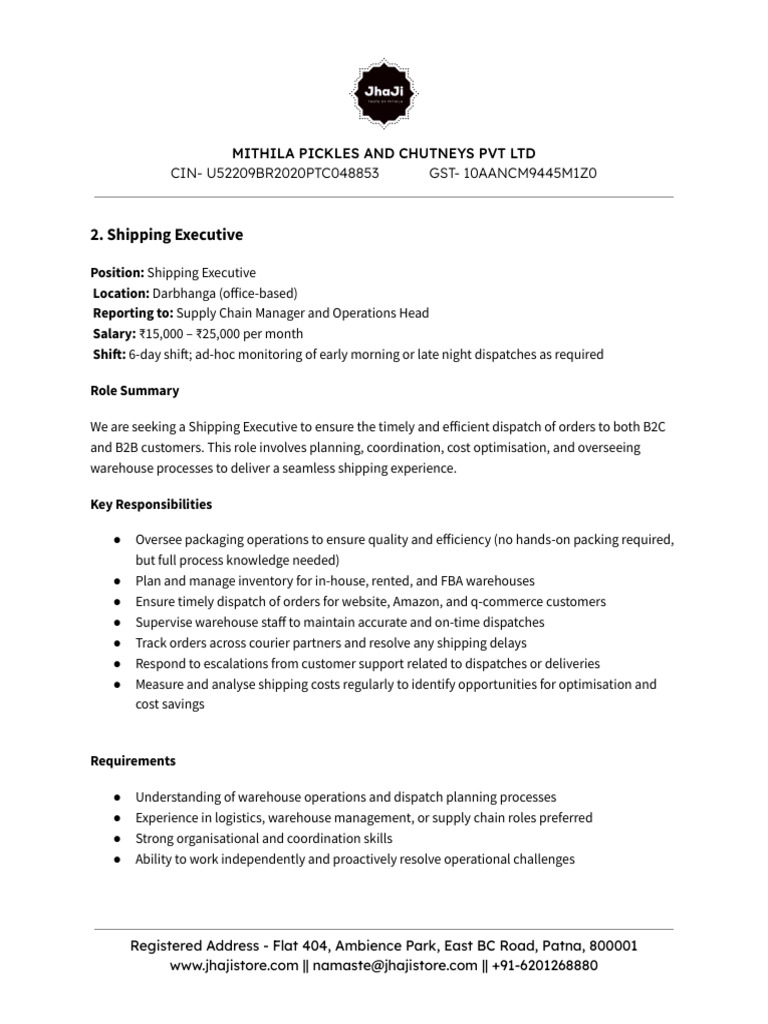 Shipping Executive Job Opening in Darbhanga | PDF
