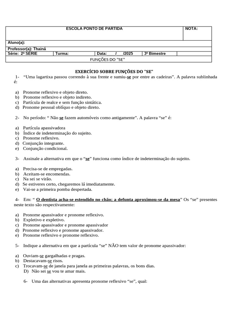 Atividade 8 Ano | PDF | Assunto (gramática) | Gramática