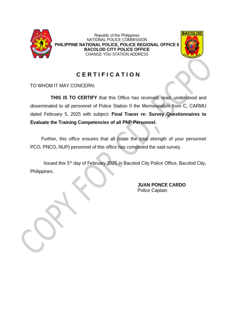 Bacolod City Police Certification Document | PDF