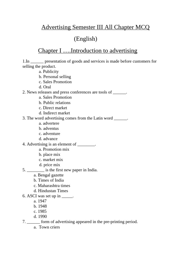 Advertising MCQs for Semester III | PDF | Brand | Advertising