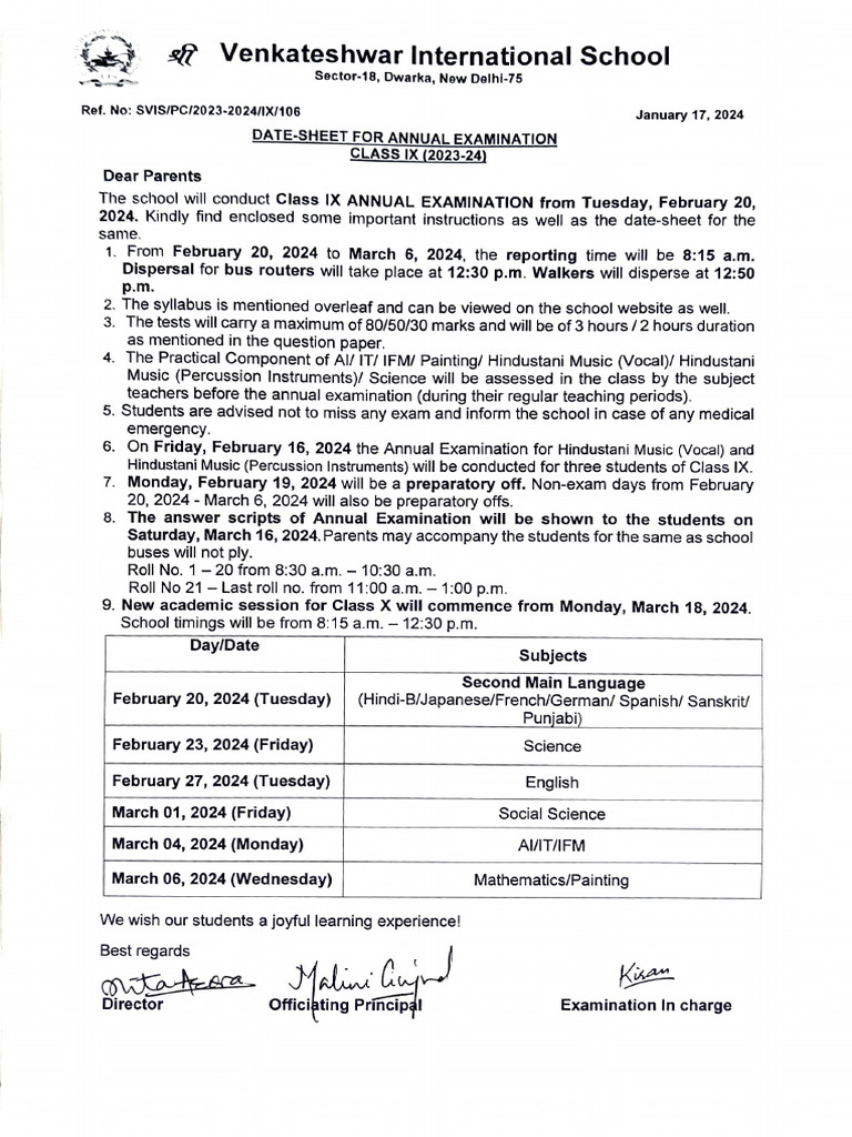 Class IX Annual Examination Datesheet 2023-24 | PDF | Linguistics