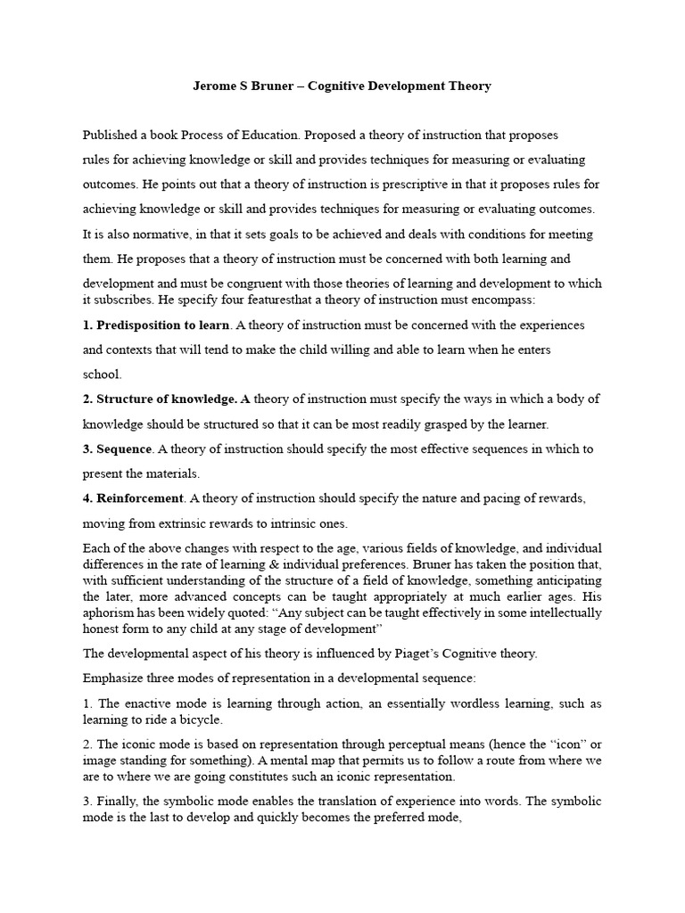 Bruner's Cognitive Development Theory | PDF | Self Efficacy | Learning
