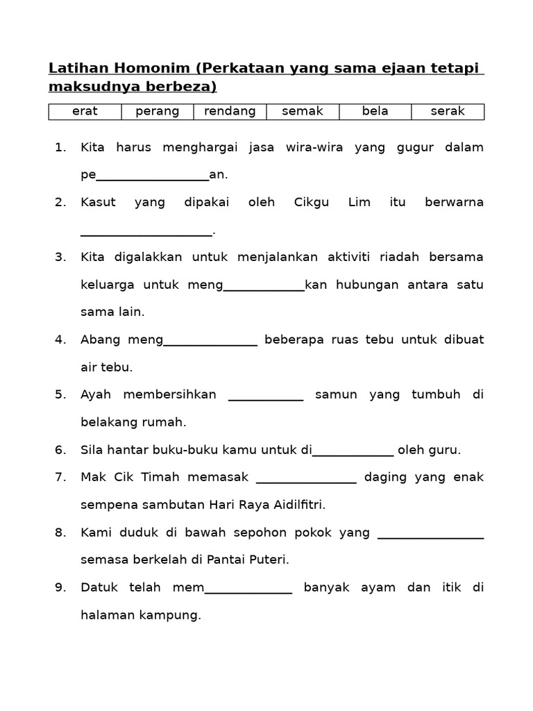 Latihan Homonim: Ejaan dan Makna | PDF