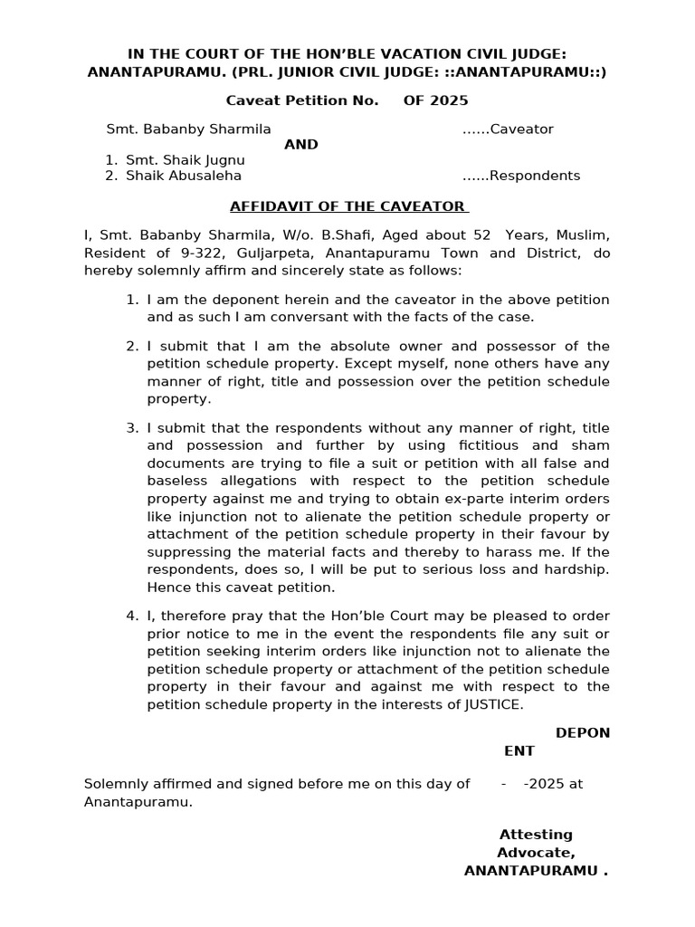 Caveat Petition by Smt. Babanby Sharmila | PDF | Civil Law (Common Law ...