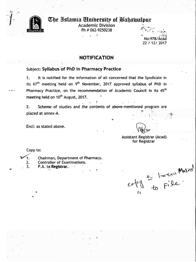 PhD Pharmacy Practice Syllabus Notification | PDF | Social Programs ...