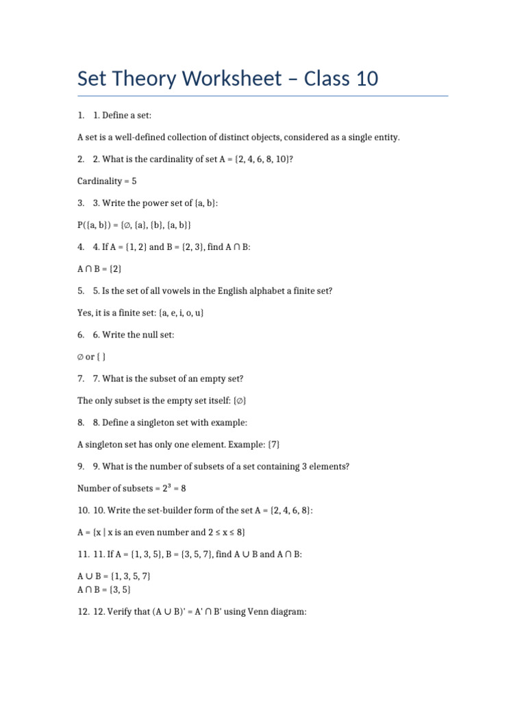 Class 10 Set Theory Worksheet | PDF