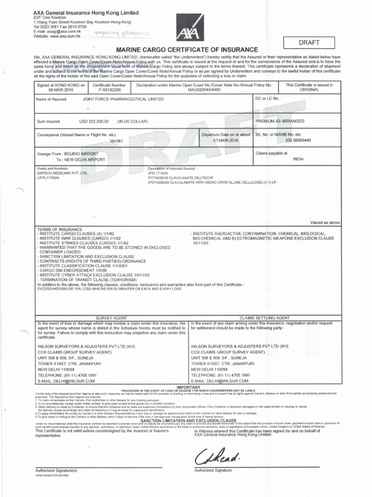 Jfpl17162a Ins. Cert. | PDF
