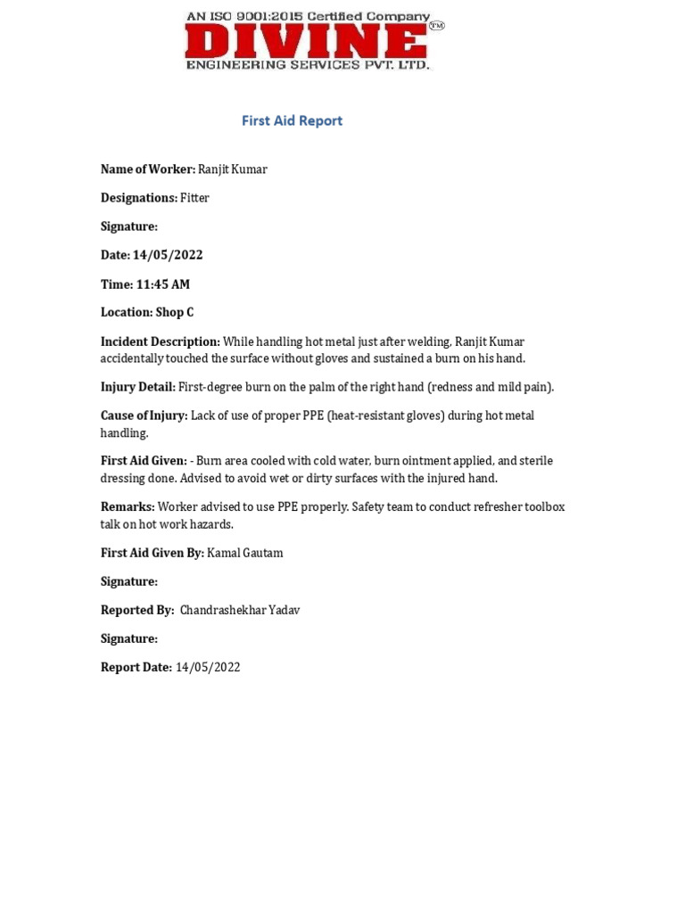 First Aid Report for Burn Injury | PDF