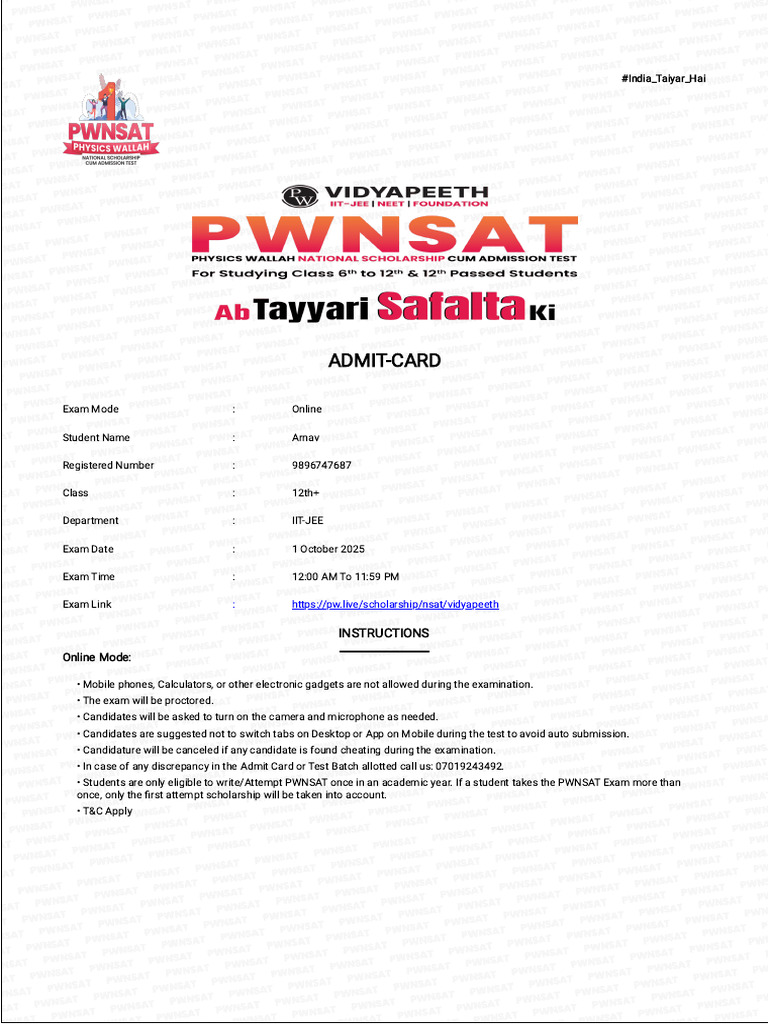 Admit Card PW | PDF