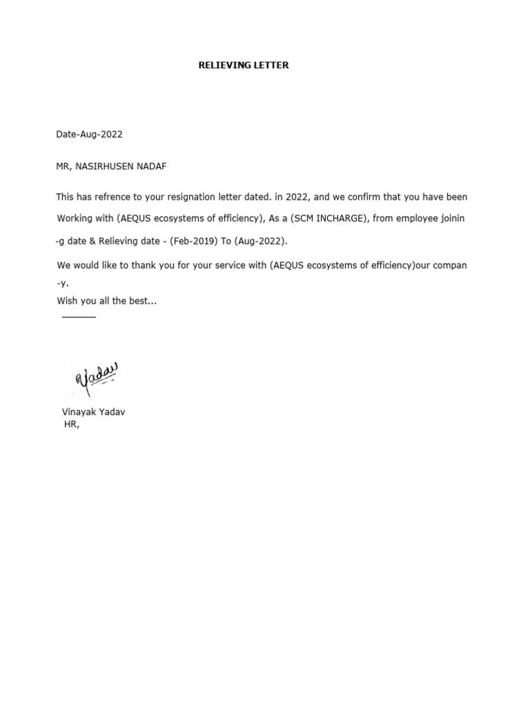 Relieving Letter for Nasirhusen Nadaf | PDF