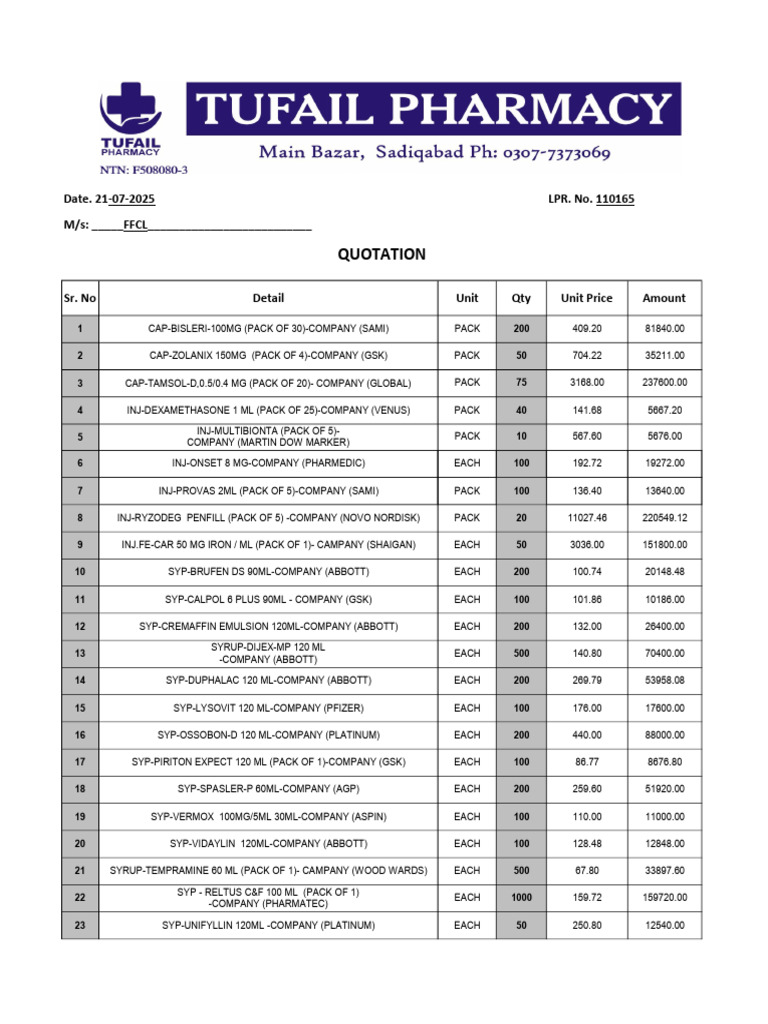 Quotation for Pharmaceutical Products | PDF | Life Sciences | Companies