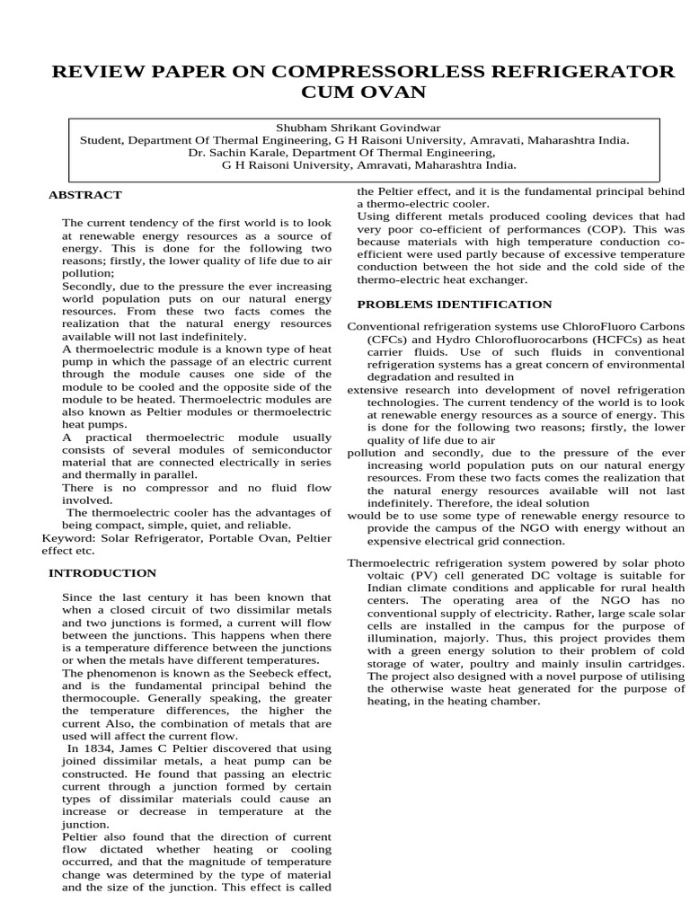 Review Paper On Comprssorless Refrigerator Cum Ovan | PDF | Heat ...