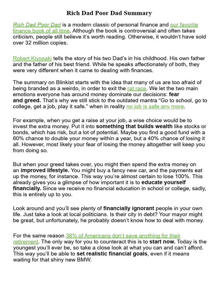 Summary of Rich Dad Poor Dad Insights | PDF | Economies | Money