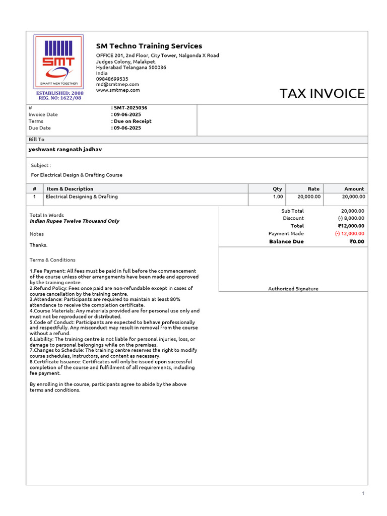 Invoice for Electrical Course Payment | PDF | Payments
