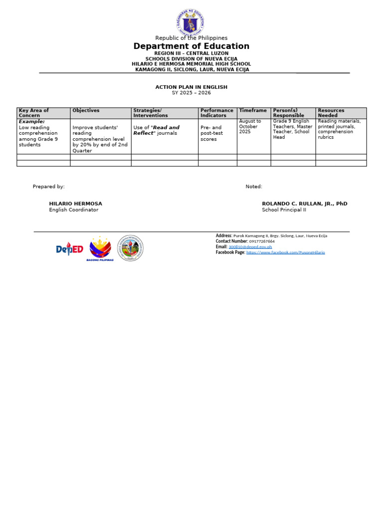 English Action Plan SY 2025-2026 | PDF
