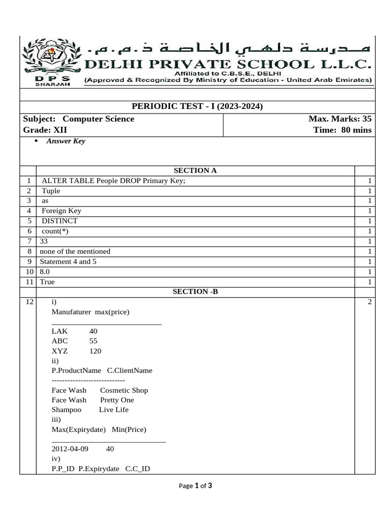 Computer Science Periodic Test I 2023-24 | PDF | Computing | Software ...