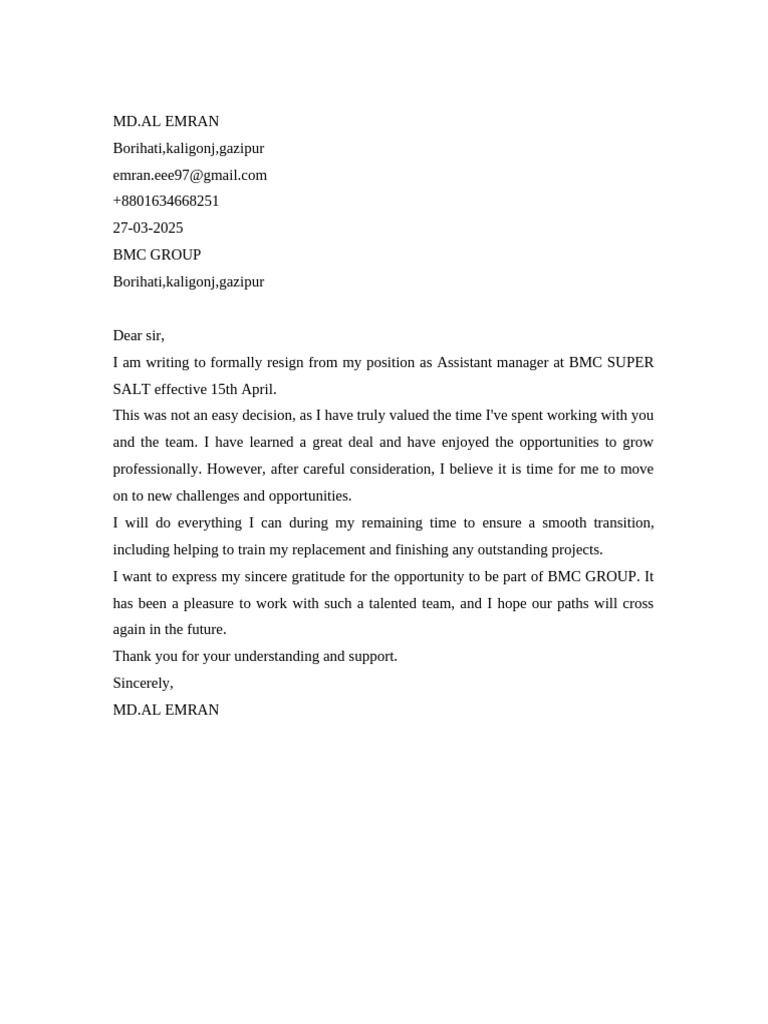 Resignation Letter from BMC Group | PDF