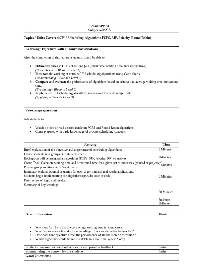 CPU Scheduling Algorithms Session Plan | PDF | Scheduling (Computing)
