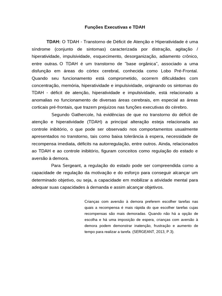 Funções Executivas no TDAH: Entenda | PDF | Transtorno de déficit de ...