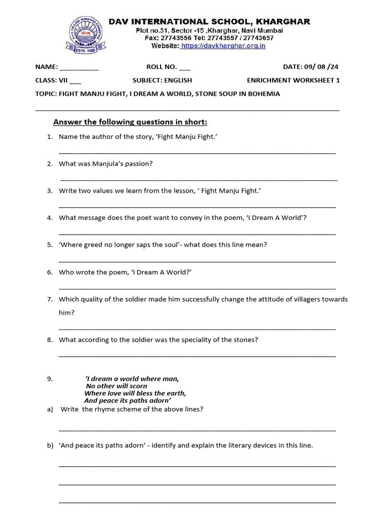 English Enrichment Worksheet: Class VII | PDF