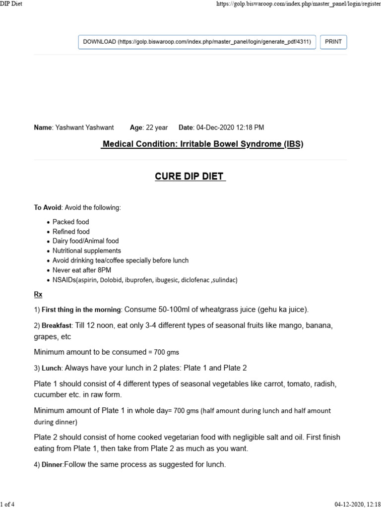 DIP Diet Plan for IBS Management | PDF | Juice | Diet & Nutrition