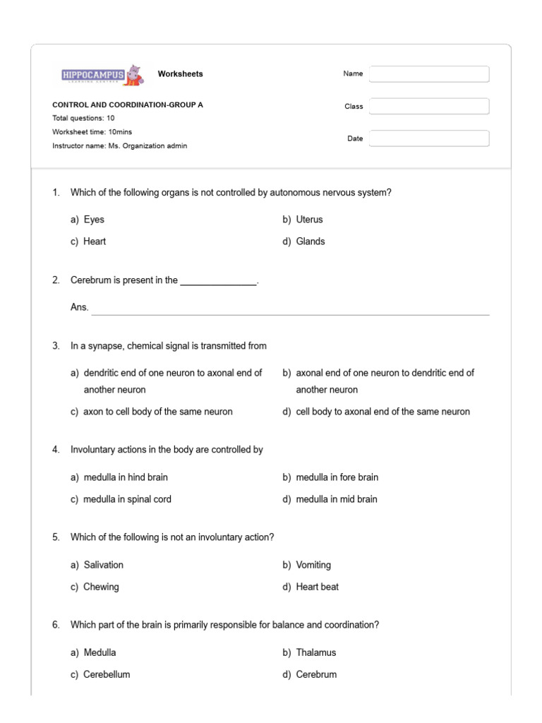 Control and Coordination Quiz Worksheet | PDF | Brain | Neuron