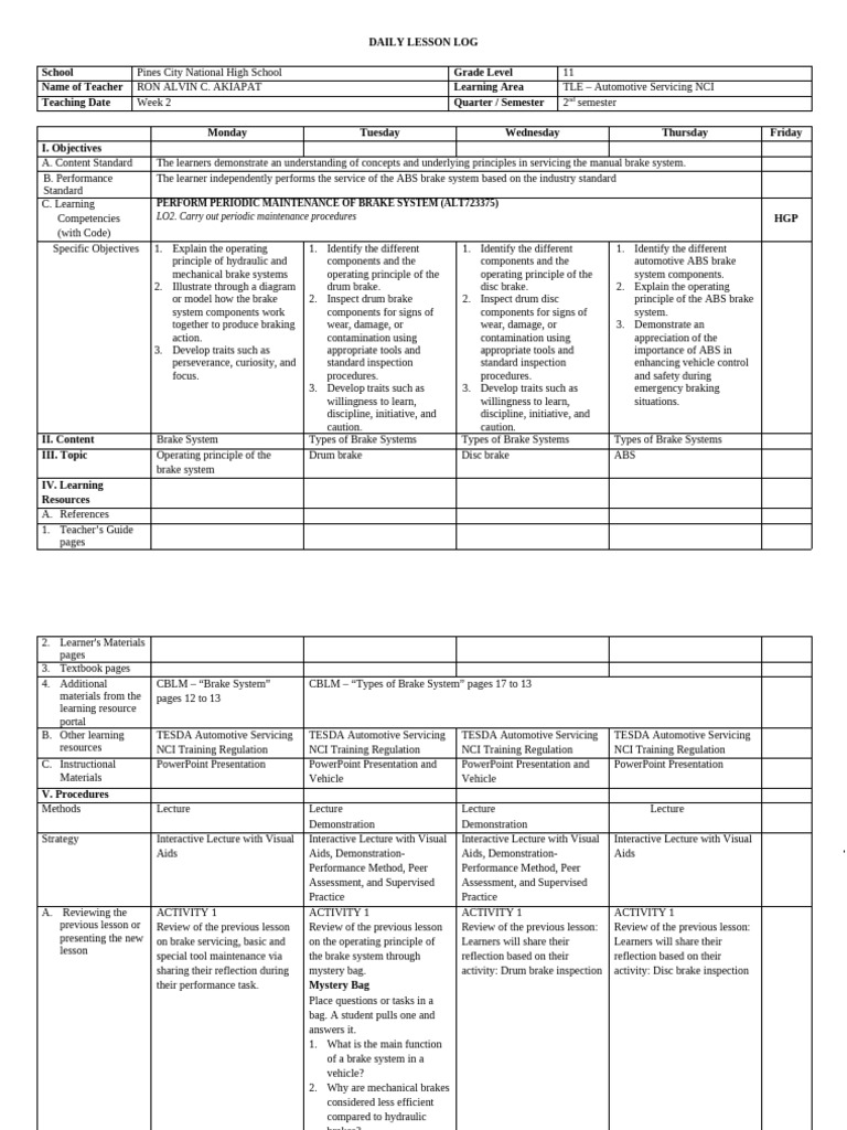 Automotive Brake System Lesson Plan | PDF | Brake | Anti Lock Braking ...